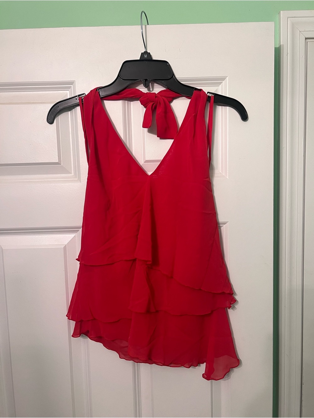 Armani Exchange Red Asymmetrical Tiered V-Neck Halter Top